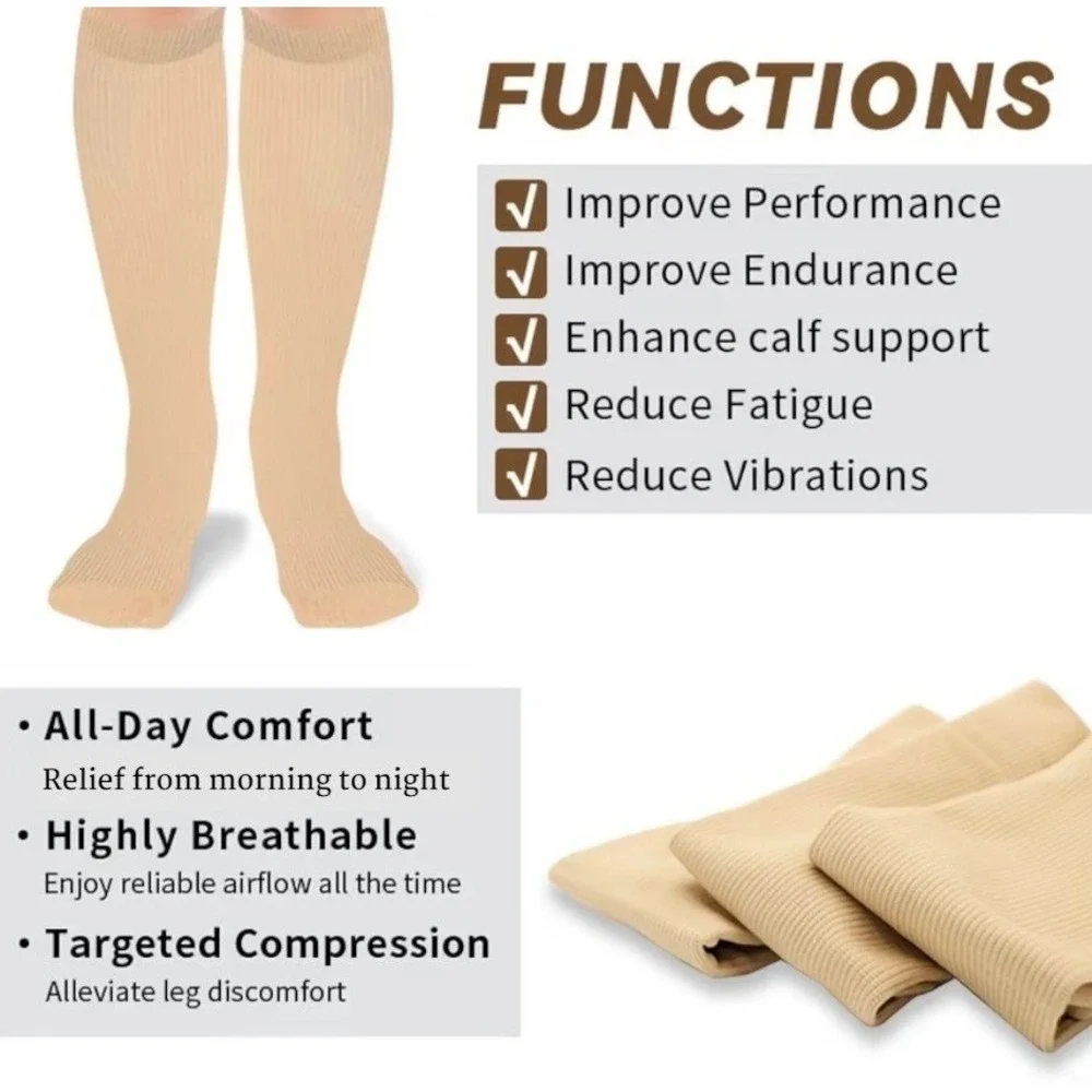 Unisex 20-30 mmHg Compression Socks XXL Knee High Medical Black Rib 4 Pack NEW
